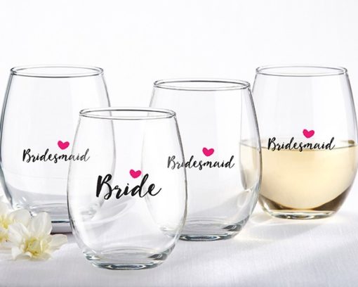 Bride and Bridesmaids Pink Heart 15 oz. Stemless Wine Glass (Set of 4)