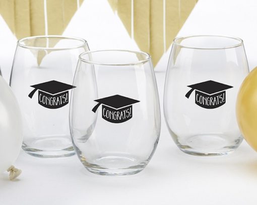 Congrats Graduation Cap 15 oz. Stemless Wine Glass (Set of 4)