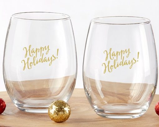 Happy Holidays 15 oz. Stemless Wine Glass (Set of 4)