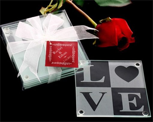 LOVE Glass Coaster Gift Set with Ribbon and Thank You Tag