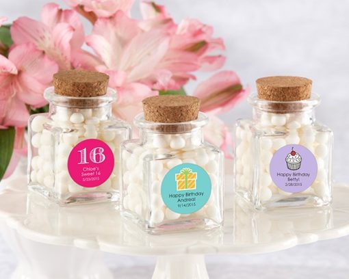 "Petite Treat" Square Glass Favor Jar - Birthday (Set of 12) (Available Personalized)