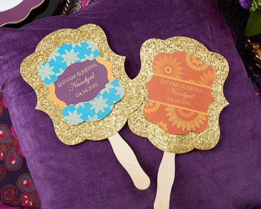 Personalized Gold Glitter Hand Fan - Indian Jewel (Set of 12)