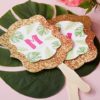 Personalized Gold Glitter Hand Fan - Pineapples and Palms