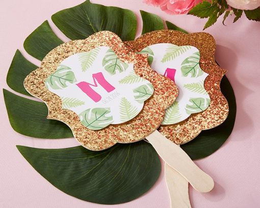 Personalized Gold Glitter Hand Fan - Pineapples and Palms