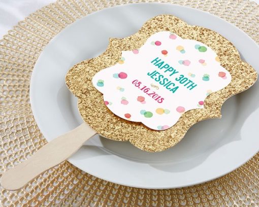 Personalized Gold Glitter Hand Fan - Party Time (Set of 12)