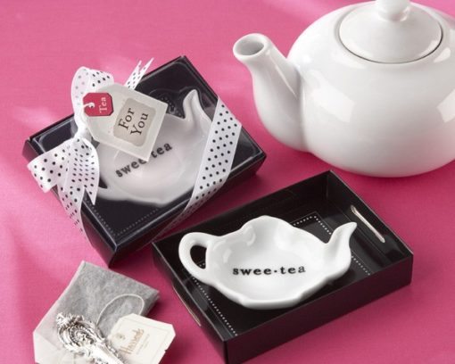 "Swee-Tea" Ceramic Tea-Bag Caddy in Black & White Serving-Tray Gift Box