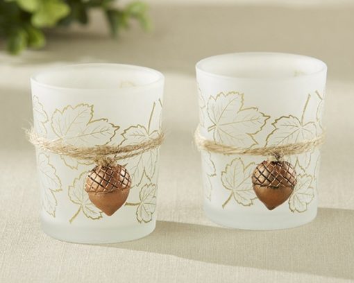 Leaf Print Tea Light Holder with Copper Acorn Charm (Set of 4)