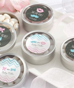 Personalized Silver Round Candy Tin - "Gender Reveal" Bow or Beau Ombre (Set of 12)