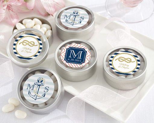 Personalized Silver Round Candy Tin - Nautical Wedding Collection (Set of 12)