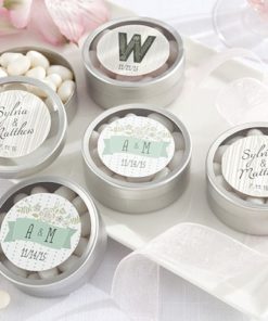 Personalized Silver Round Candy Tin - Rustic Wedding Collection (Set of 12)