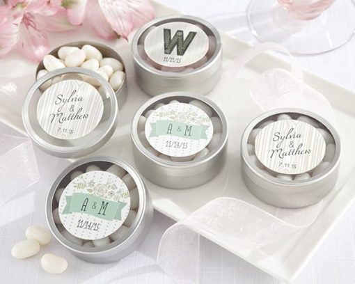 Personalized Silver Round Candy Tin - Rustic Wedding Collection (Set of 12)