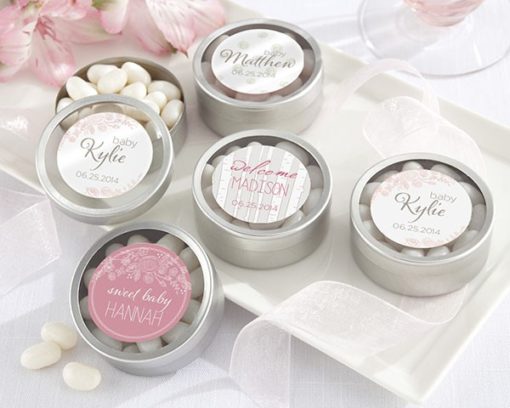 Personalized Silver Round Candy Tin - Rustic Baby Collection (Set of 12)