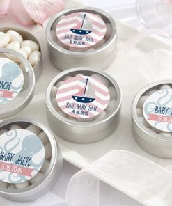Personalized Silver Round Candy Tin - Nautical Baby Shower Collection (Set of 12)