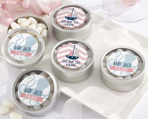 Personalized Silver Round Candy Tin - Nautical Baby Shower Collection (Set of 12)