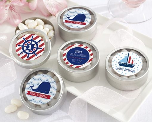 Personalized Silver Round Candy Tin - Nautical Birthday Collection (Set of 12)
