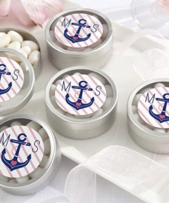 Personalized Silver Round Candy Tin - Nautical Bridal Shower Collection (Set of 12)