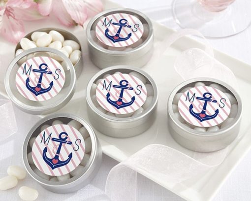 Personalized Silver Round Candy Tin - Nautical Bridal Shower Collection (Set of 12)