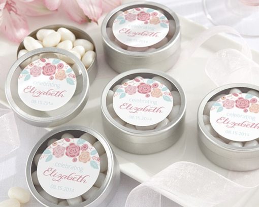 Personalized Silver Round Candy Tin - Rustic Bridal Shower Collection (Set of 12)