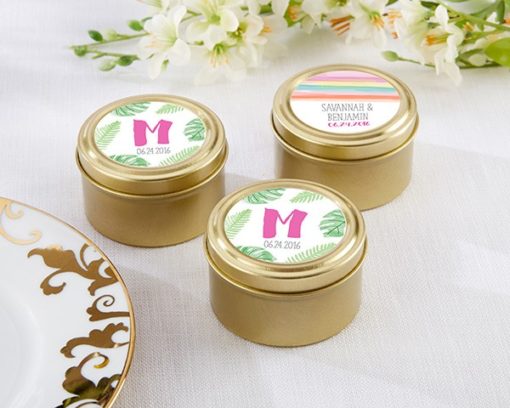 Personalized Gold Round Candy Tin - Pineapples and Palms (Set of 12)