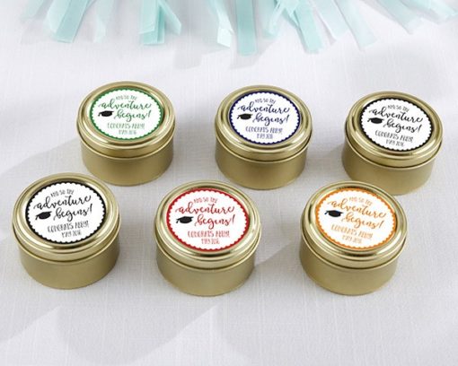 Personalized Gold Round Candy Tin - Graduation Adventure Begins (Set of 12)