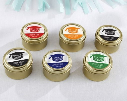 Personalized Gold Round Candy Tin - Congrats Graduation Cap (Set of 12)