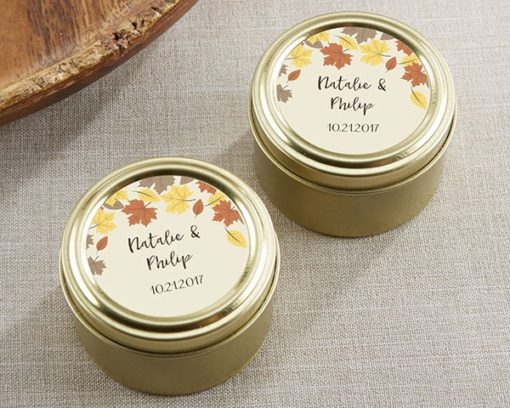 Personalized Gold Round Candy Tin - Fall Leaves (Set of 12)