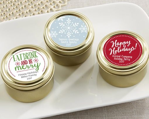Personalized Gold Round Candy Tin - Holiday (Set of 12)