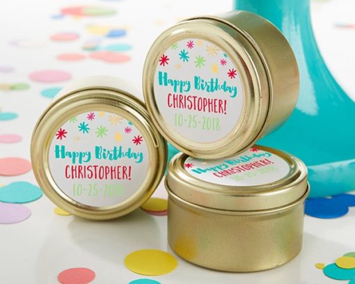 Personalized Gold Round Candy Tin - Happy Birthday (Set of 12)