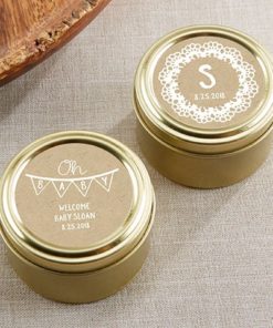 Personalized Gold Round Candy Tin - Rustic Charm Baby Shower (Set of 12)