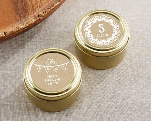 Personalized Gold Round Candy Tin - Rustic Charm Baby Shower (Set of 12)