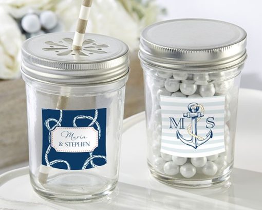 Personalized Glass Mason Jar - Kate's Nautical Wedding Collection (Set of 12)