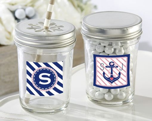 Personalized Glass Mason Jar - Kate's Nautical Bridal Shower Collection (Set of 12)