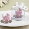 Pink baby carriage / stroller design favor with a round glass mirror bottom base