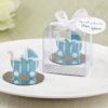 Blue baby carriage / stroller design favor with a round glass mirror bottom base