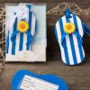 Beach themed Flip Flop luggage tags with a blue and white striped design