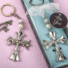 Ornate Flared cross keychain with a silver finish