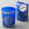 East Indian / Moroccan themed Blue frosted glass votive candle with printed gold design